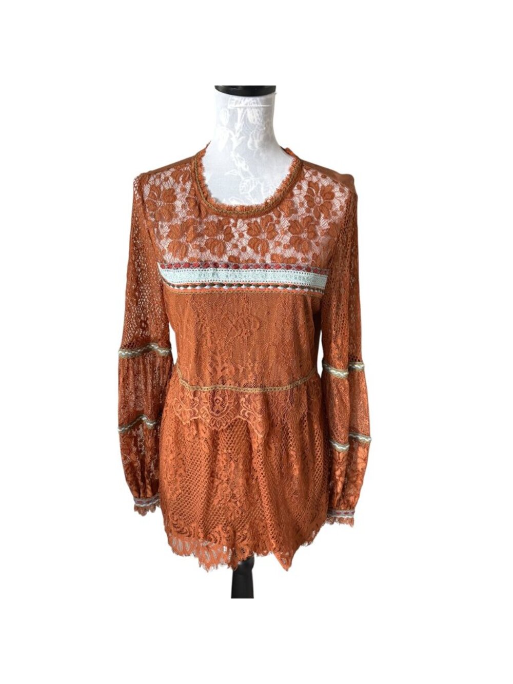 Blank London Anthropologie Boho Lace Ruffle Long Sleeve Brown Medium Womens